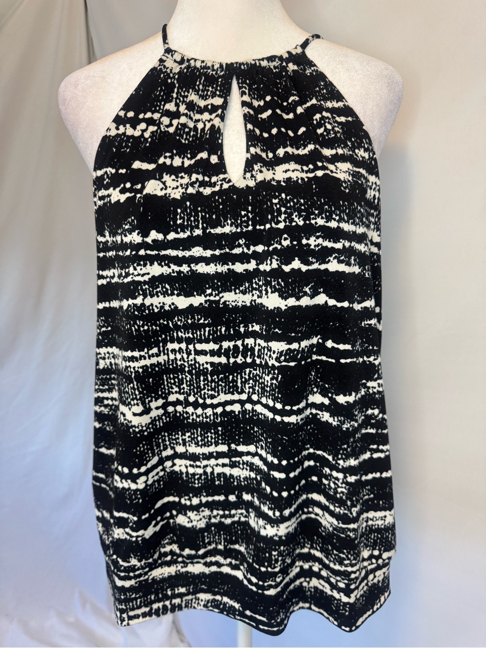 Ann Taylor Black Halter, White Abstract Design With Button Back Fastener